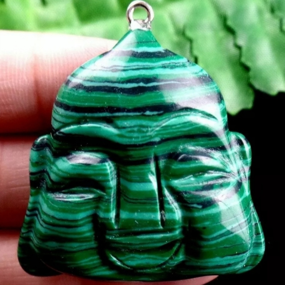 New Carved Malachite Buddha Head Pendant.